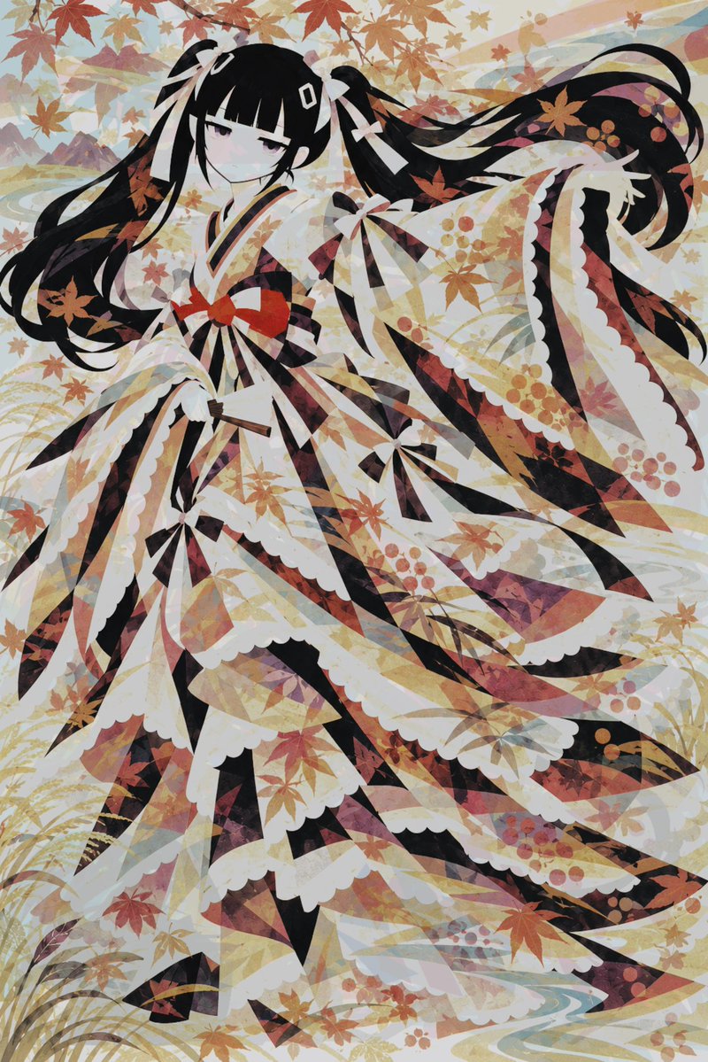 elle_elle_e's tweet photo. 《じゅうにひとえ》
#AIFUSIONFESイラストコンテスト

浮世絵の多色刷りから着想を得て、デジタル版画？として、わたしなりの新しい表現に挑戦してみました。

画像生成AIで作った完成像をもとに、1枚1色のベクターの版を12枚設計。1枚ずつ見ると山や霞、扇など、それぞれ別の絵。でも、何もないようなところにも細かな線があって、重ねると人物の姿が現れます。(全てChatGPT Astra)

これがわたしなりの【NEO JAPONISM】👼🪽

12枚はリプにて🫶