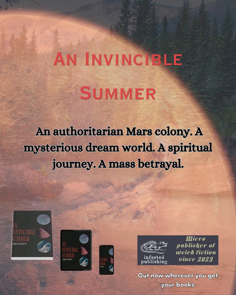 SteJHoward's tweet photo. I won’t be giving up the day job to pursue a career in graphic design.. but hey, it’s a neat enough encapsulation of An Invincible Summer - out through @InfestedPub . If these match your ‘vibes’, then give it a go. Available wherever you buy your books so go get it!

#scifibooks https://t.co/DoaAQxHI4m