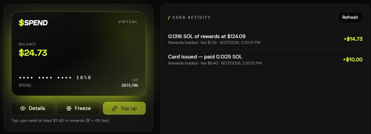 spendcard's tweet photo. These are real dollars landing directly on my Spend card just for holding $SPEND. 

The card started with a $10 balance. It's now at $24.73, funded by holder rewards. https://t.co/75maW8aT96