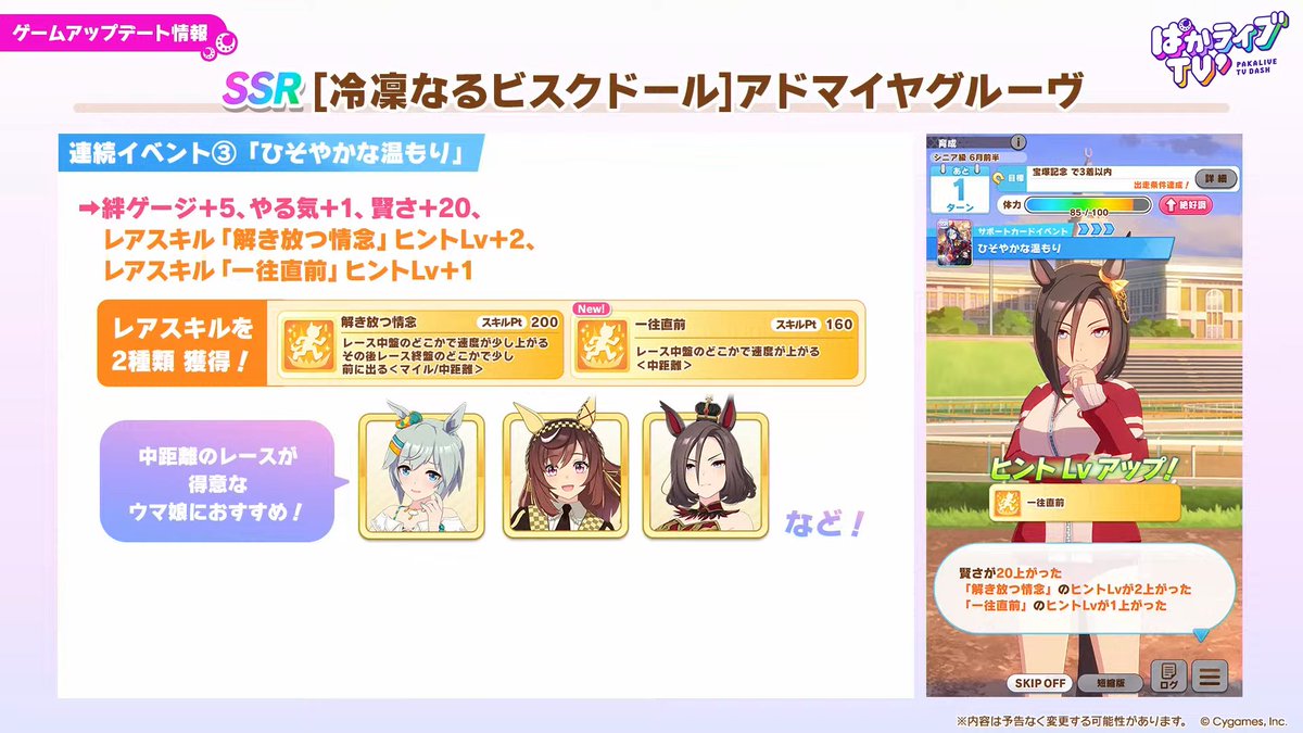 umamusume_kami's tweet photo. 【ぱかライブ' #7 最新情報⑩】

アドマイヤグルーヴSSR（賢さ）実装決定！

・中距離の汎用賢さサポカ
・練習性能高めだがスキルPtボーナス1が微妙

中距離育成でニッチな活躍をするかもしれませんが、SP1かつ他サポカで十分代用可能なためやや使い所が難しそうです
#ウマ娘 #ぱかライブTV https://t.co/pd2NZjj0tO
