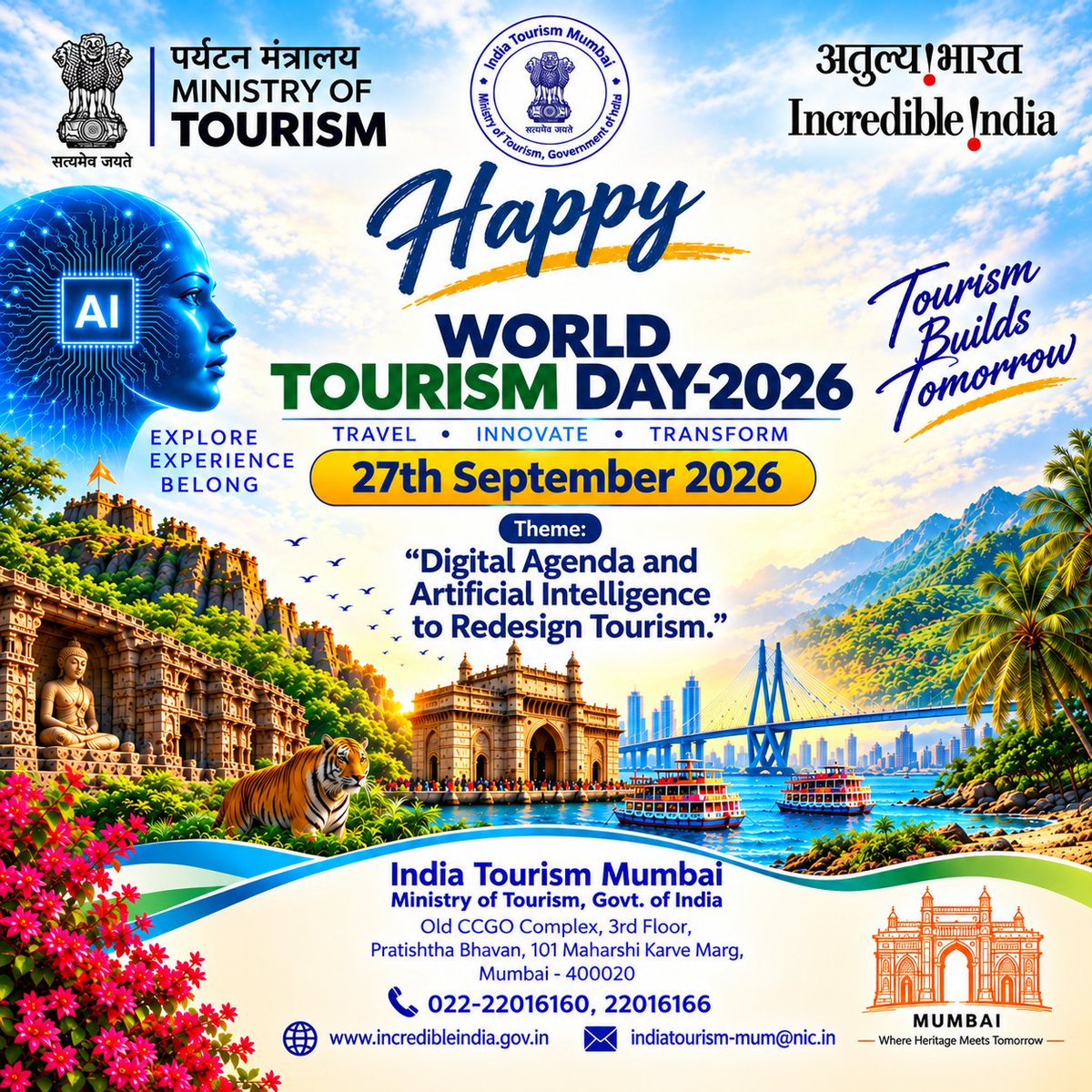 IndiatourismM's tweet photo. The future of tourism is smart, sustainable &amp; inclusive. This World Tourism Day, let’s harness AI and digital innovation to create better journeys, protect heritage and empower communities. Happy World Tourism Day 2026!
#WorldTourismDay2026 #WTD2026 #AIinTourism #IncredibleIndia https://t.co/4v6HPnyFWg