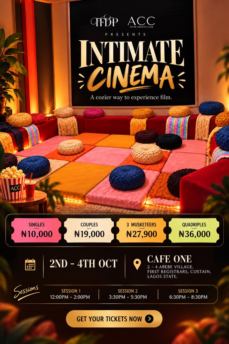 tfdp_roductions's tweet photo. ONLY 20 people per session and 5 days to go. Get your tickets via link in bio right below 👇🏾:

https://t.co/YtohHbBYen

Remember to come with your clean socks! See you in the room 😉 

#aftercreditsclub #cinema #shortfilms #lagosevents #tfdproductions https://t.co/JEAwZbuHGF