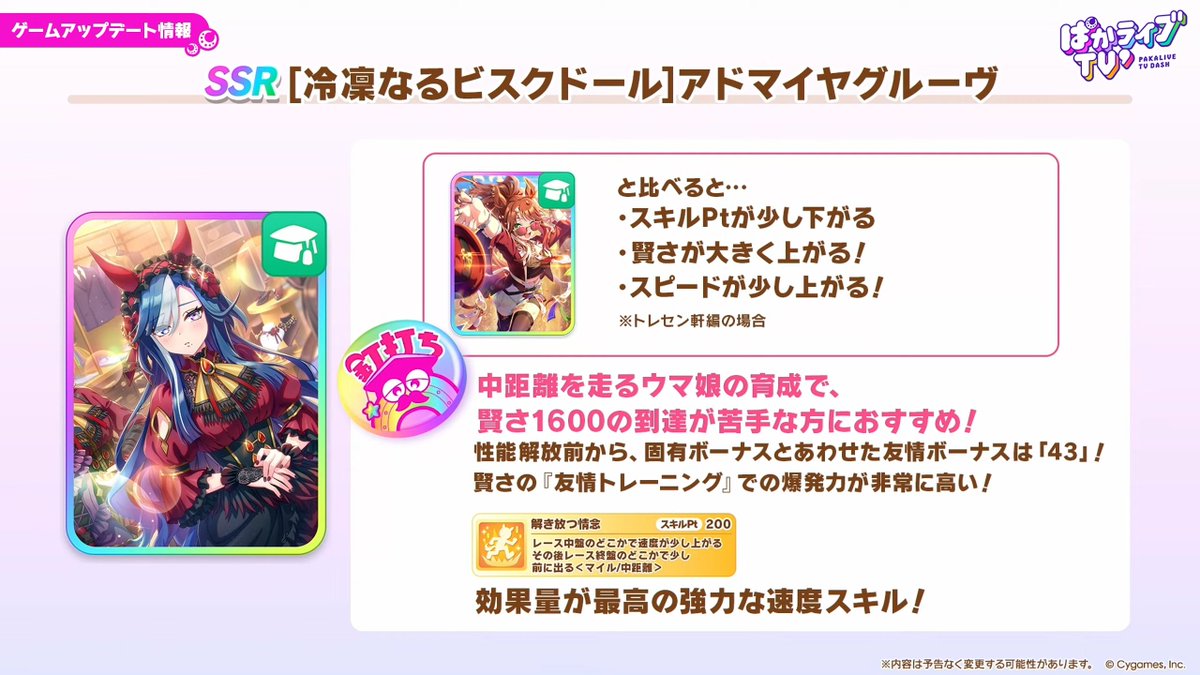 umamusume_GW's tweet photo. 【新サポートカード情報】
2枚目はSSRアドマイヤグルーヴ(賢さ)！
マイルと中距離向きのスキルを持つサポートカードになっていますが、基本的には中距離メインのサポートカードになりそうです！

▼ぱかライブのまとめはこちら
https://t.co/cBY0l0wqVw

#ウマ娘 #ぱかライブTV https://t.co/FN602gW5Oz