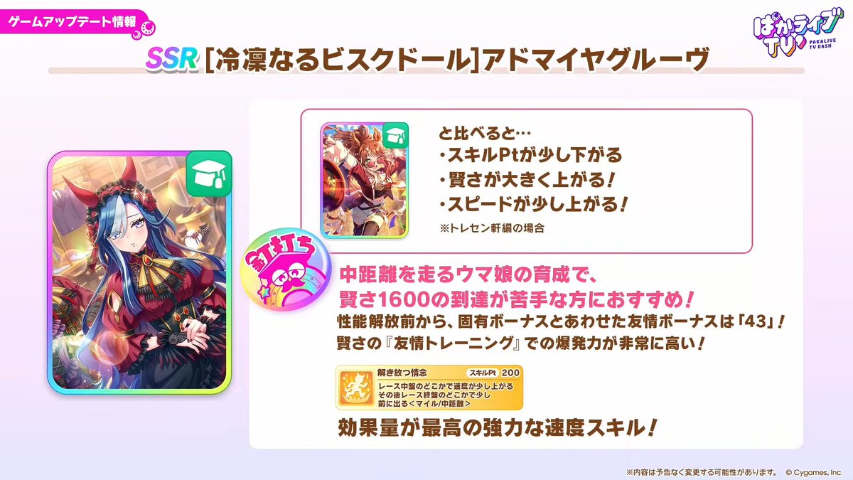 umamusume_kami's tweet photo. 【ぱかライブ' #7 最新情報⑩】

アドマイヤグルーヴSSR（賢さ）実装決定！

・中距離の汎用賢さサポカ
・練習性能高めだがスキルPtボーナス1が微妙

中距離育成でニッチな活躍をするかもしれませんが、SP1かつ他サポカで十分代用可能なためやや使い所が難しそうです
#ウマ娘 #ぱかライブTV https://t.co/pd2NZjj0tO