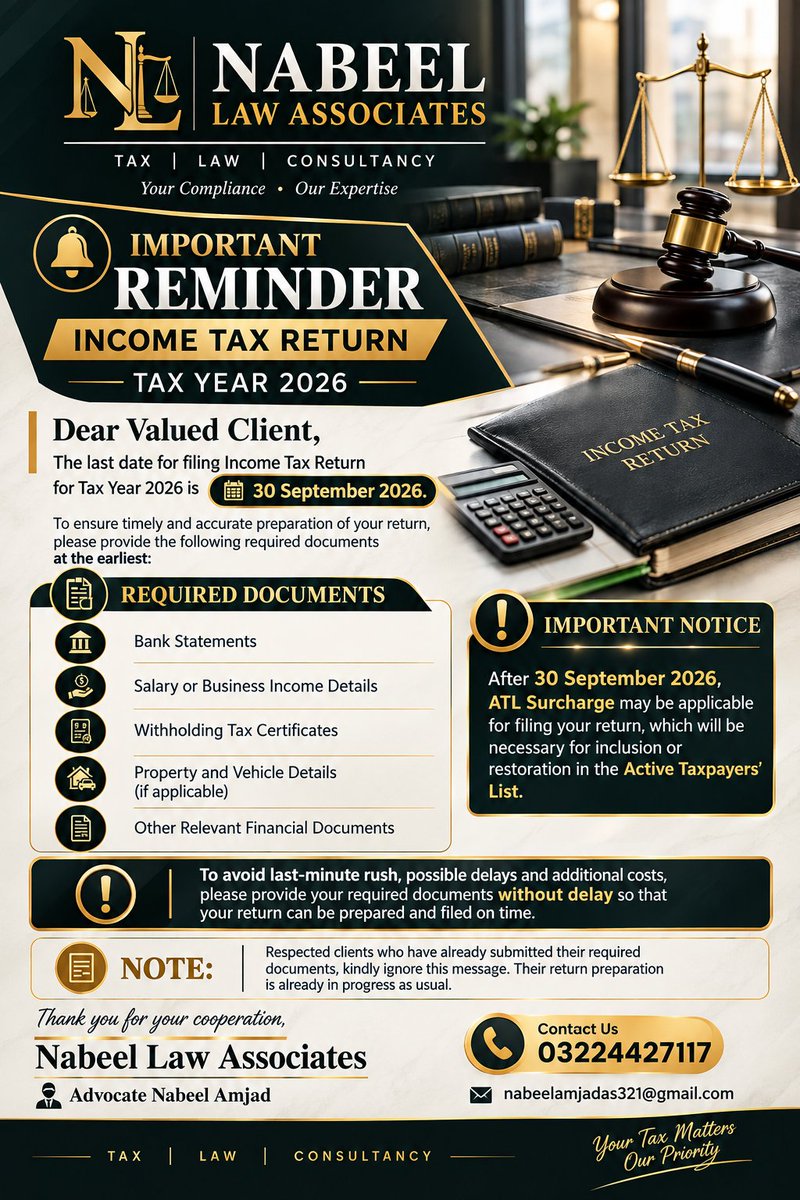 Nabeel__123's tweet photo. A reminder to file your return on time. For return filing services, you can dm.
#tax #pakistan #return #fbr https://t.co/CX88FzsOyU