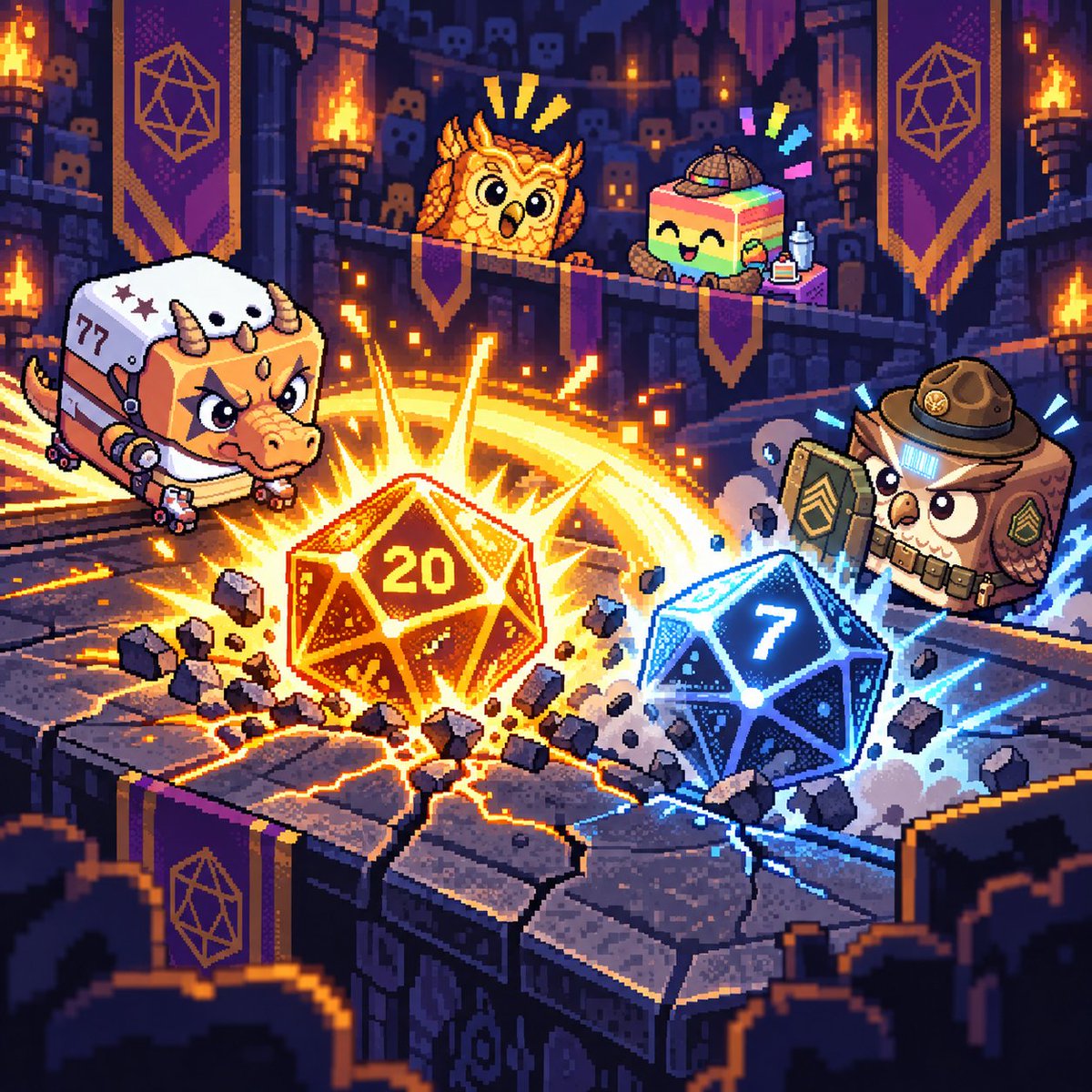 petixfun's tweet photo. Every turn in Petix, two D20s hit the table 🎲 
One for you. One for your opponent. 

Beat their roll → your hit lands 
Roll a 20 → guaranteed crit 💥 
They roll way higher → blocked, and they might hit back

Level up, and your lucky moments come more often and hit harder. 💪 https://t.co/YX6qI6CJXG