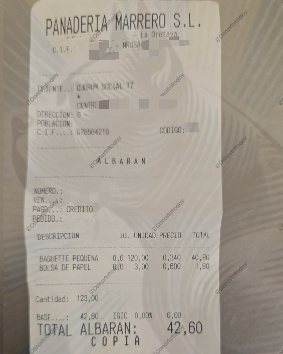 CanarioToday's tweet photo. 🔴 Factura de pan diario en un hotel que tiene en régimen de alquiler la ONG Quorum Social 77 en #Tenerife para MENAs.

💶 15.549 € anuales públicos solo en pan. https://t.co/rrHGJm6WJo