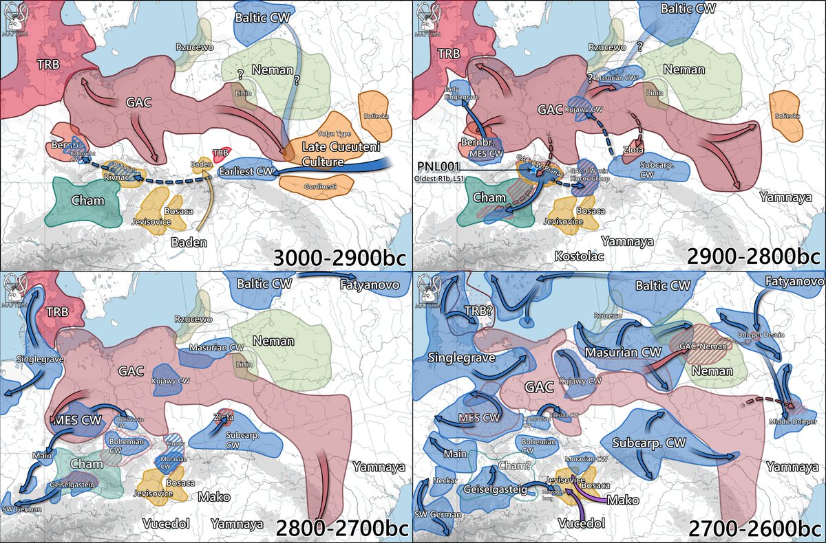 Maptysk's tweet photo. The Indo-European invasion and the transformation of Europe, 3000-2600bc.

How exactly the Indo-European Corded Ware migrated and Formed, and its relationships to the previous cultures of Europe is poorly understood. I illustrated it in these 4 maps, showing how the Corded Ware initially migrated only to the Periphery of the GAC culture before expanding further inward, as well as illustrating the complex and dynamic changes taking place around them.

A full thread on this, explaining everything in detail, is in the works, as well as an Animation.