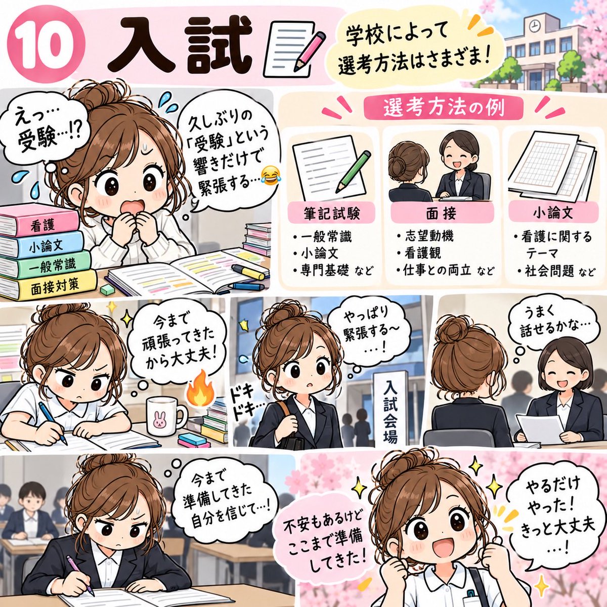 sakuramaru06's tweet photo. 「准看→正看！通信課程ガイド」

⑩【入試】

学校によって面接・小論文・筆記など選考方法はさまざま。

久しぶりの「受験」という響きだけで緊張😂

でも、ここまで準備してきた自分を信じる。

#准看護師 #通信課程 #入試 https://t.co/PG5RCyzI6X