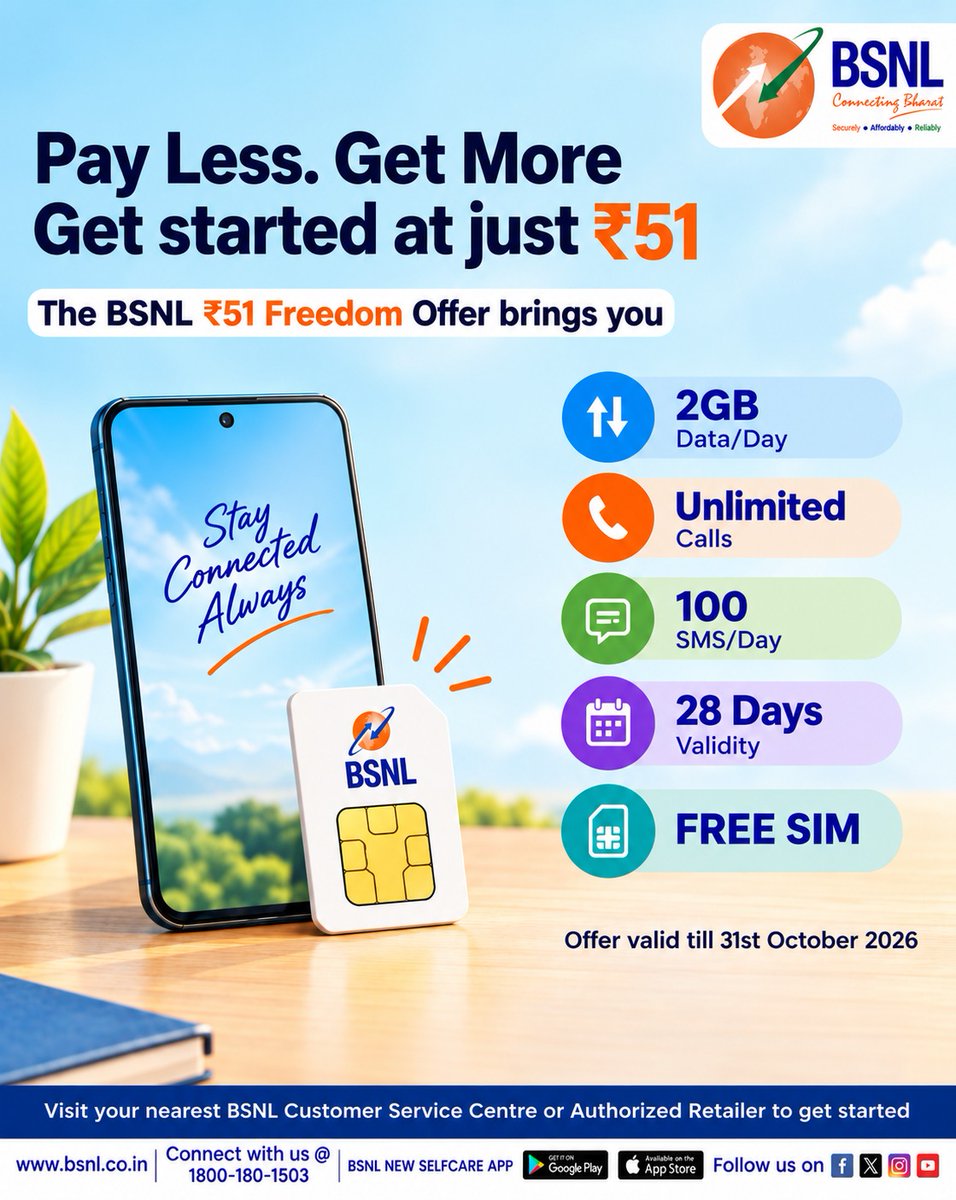 BSNLCorporate's tweet photo. Need a connection that keeps up with your everyday life?
Here’s one that brings your essentials together in one offer.

#BSNLIndia #BSNLSelfCareApp #InternetForEveryone #DigitalLife #IndiaOnline #BSNLServices #SmartIndia #EverydayConnectivity #HamaraBSNL #frc51 @CMDBSNL @robertravi21