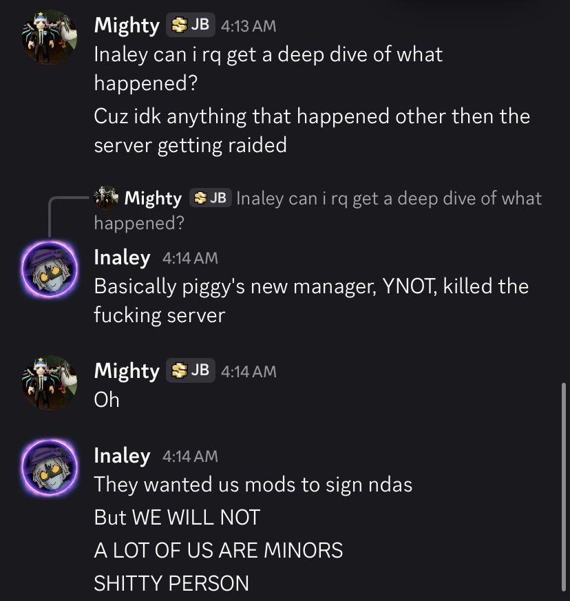 Mighty_pupone's tweet photo. Everyone i am making this post due to what is currently happening

Just know it probably isn’t fully minitoon’s fault BUT i am here to put tell you guys about YNoT and what she did

First and second image is a talk with an ex-mod who quit cuz of the NDA’s (1) https://t.co/AAp49WzkVO