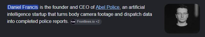 TemuDuval's tweet photo. this is actually insanely genny.

Daniel Francis, founder of Abel Police, just asked for a PAID coin.

Abel is a Y Combinator company building AI that turns police body-camera footage into completed police reports — automating a huge part of the paperwork officers normally handle manually.

and the account is followed by names like Elon, pmarca, Sam Altman, Mert, Nikita etc.

this isn’t some random AI wrapper.

it’s a real YC-backed company solving an actual operational problem in policing.

AI + bodycams + YC + PAID

and the branding is already there.

$ABEL