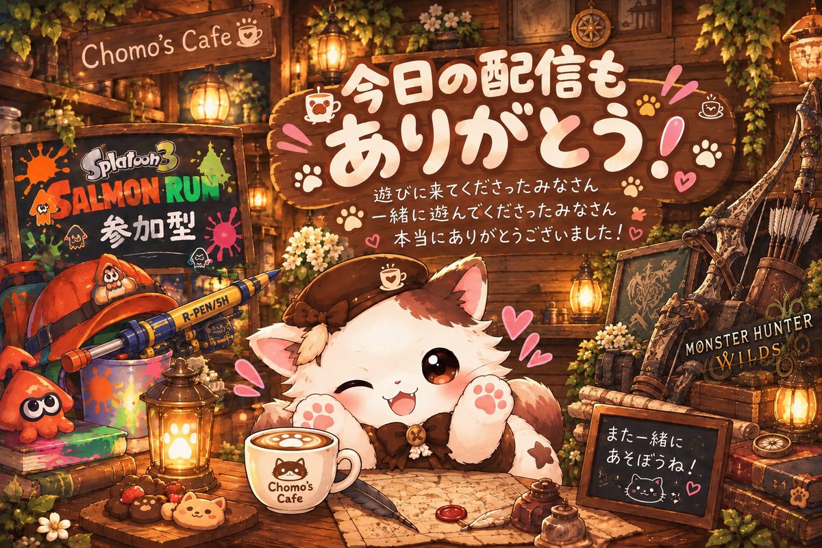 choco_chomo's tweet photo. 🌙おやちょも〜🐾

今日もチョモズカフェに遊びに来てくださって
ありがとうございました☕️🍫

サモランで一緒に遊んでくれたみなさんも、
モンハンを見守ってくれたみなさんも、
コメントしてくれたみなさんも✨

 とっても楽しい時間をありがとう🐱🤎

また一緒に遊ぼうね！🐾
素敵な夢を…🌙☕️💤

#おやちょも #ちょも #ちょも店長
#新人Vtuber #個人Vtuber
#スプラトゥーン3 #サーモンラン
#モンハンワイルズ