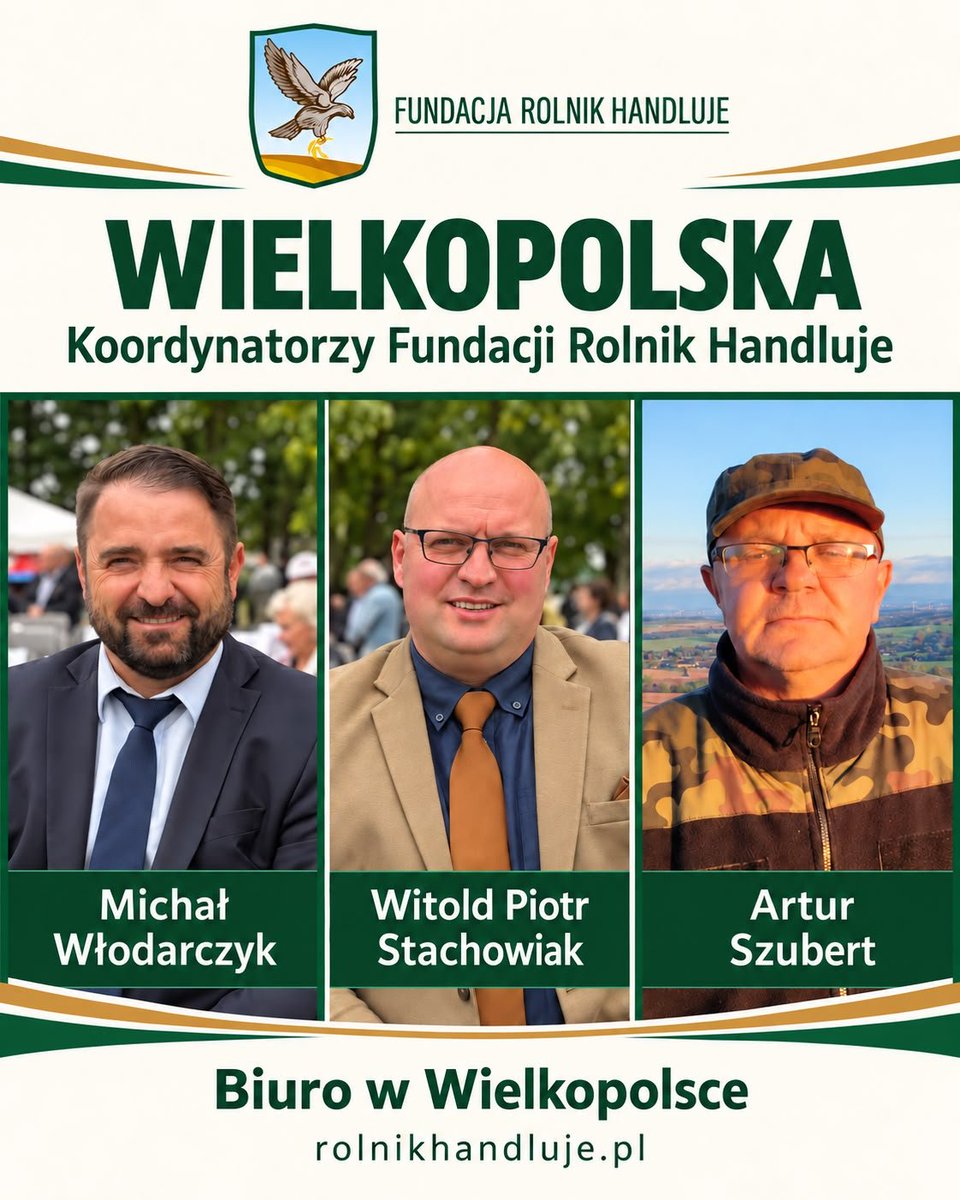 RafalForys's tweet photo. 🌾 WIELKOPOLSKA ŁĄCZY SIĘ Z POLSKĄ WSIĄ! 🚜

Świetna wiadomość: Fundacja „Rolnik Handluje” otwiera Biuro w Wielkopolsce!

Z wielką dumą i radością ogłaszamy otwarcie nowego biura Fundacji Rolnik Handluje na terenie Wielkopolski. To przełomowy krok w budowaniu silnych, bezpośrednich relacji między producentami żywności a konsumentami, opartych na uczciwym handlu, zaufaniu i szacunku do tradycji.

📍 Nasz adres:
Kotusz 47
64-060 Wolkowo

Biuro znajduje się pod opieką wyjątkowych ludzi – ekspertów, pasjonatów i społeczników całkowicie oddanych sprawom polskiej wsi. Poznajcie bliżej nasz zespół koordynatorów w Wielkopolsce:

---

👥 ZESPÓŁ KOORDYNATORÓW:

🐂 Witold Piotr Stachowiak

 Kim jest: Rolnik, hodowca bydła mlecznego z krwi i kości.
 Rola i doświadczenie: Człowiek, który codzienne wyzwania polskiego rolnictwa zna od podszewki. Jako praktyk doskonale rozumie realia produkcji rolnej, potrzeby hodowców oraz trud wkładany w wytwarzanie najwyższej jakości żywności. Jego misją jest walka o godne warunki dla rolników i skracanie drogi produktu od pola na stół.

📈 Michał Włodarczyk

 Kim jest: Przedsiębiorca, właściciel firmy handlowej.
 Rola i doświadczenie: Posiada kilkunastoletnie, bogate doświadczenie w handlu i biznesie. Łączy świat nowoczesnej gospodarki z potrzebami lokalnego rynku rolniczego. Dzięki jego wiedzy strategicznej i handlowej koordynowane przez Fundację inicjatywy zyskują profesjonalny wymiar, pomagając rolnikom skutecznie docierać do klientów.

🌿 Artur Szubert

Kim jest: Zielarz, naturopata, laborant chemiczny.
 Rola i doświadczenie: Człowiek z pasją do natury, zdrowego stylu życia i tradycyjnego przetwórstwa. Jego unikalne połączenie wiedzy laboratoryjnej z medycyną naturalną i ziołolecznictwem wnosi do zespołu ogromną wartość w obszarze ekologii, zdrowej żywności oraz naturalnych metod dbania o dobrostan człowieka i ziemi.

 🤝 Razem tworzymy siłę wielkopolskiej wsi!
 Nasze nowe biuro to miejsce otwarte dla każdego rolnika, konsumenta i przedsiębiorcy, który chce wspierać polskie rolnictwo i zdrowy handel. Serdecznie zapraszamy do odwiedzin i współpracy!