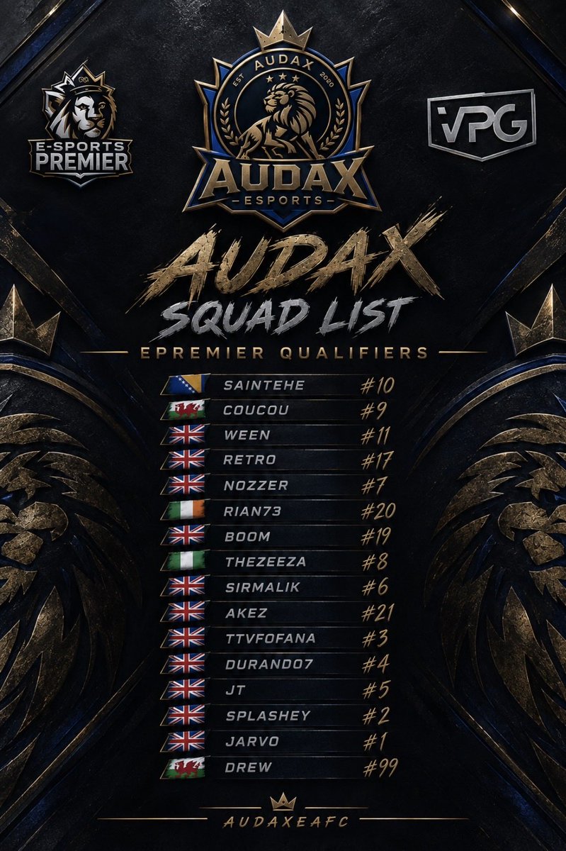 AudaxEAFC's tweet photo. We’re thrilled to announce our roster for the upcoming VPG season! 🦁💙💛

These are the players who will be proudly representing AUDAX as we step into the VPG ePremier Qualifiers to compete at the highest level of Clubs. Best of luck to everyone!
@VPGPremier @OfficialVPG #FC27 https://t.co/JL8I5zRX0I