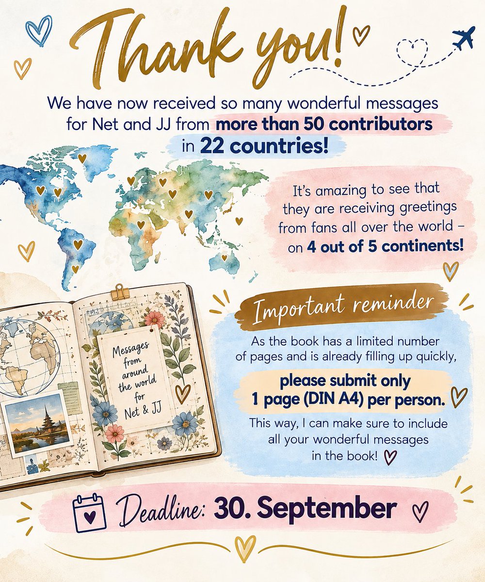NetJJFanclubGer's tweet photo. 50+ participants. 
22 countries. 
4 continents. 
100+ submissions.

So much love for Net & JJ from all around the world! 🥹💕

The book is filling up quickly, so please submit only 1 DIN A4 (letter size) page per person.

📅 Deadline: September 30th

Thank you for being part of this special project! 💕

#netjj 
#netsiraphop 
#jj_rcp 
#njfmberlin