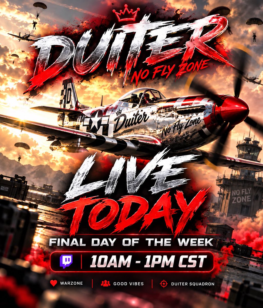Duiterrr's tweet photo. 🔴 FINAL FLIGHT OF THE WEEK ✈️🔥

We’re taking the No Fly Zone to the skies one more time this week! 😤

🔴 LIVE TODAY
⏰ 10AM–1PM CST
🎮 Call of Duty: Warzone

Pull up, hang out, and let’s finish the week STRONG. 🫡❤️

#warzone #callofduty #twitchstreamer #gaming #fyp https://t.co/vWUb87WZFJ