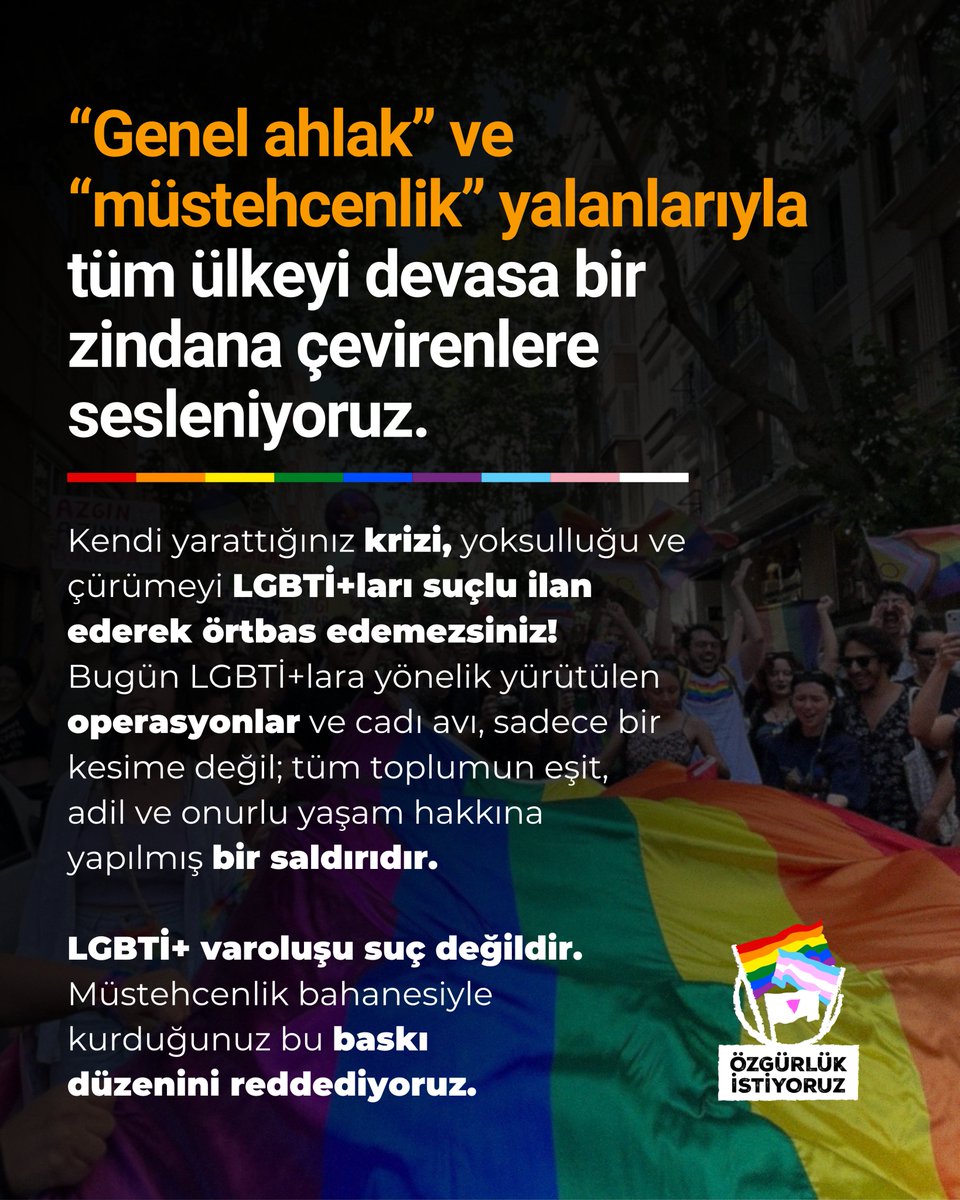 Polen_Ekoloji's tweet photo. "Genel ahlak" ve "müstehcenlik" yalanlarıyla tüm ülkeyi devasa bir zindana çevirenlere sesleniyoruz:
Kendi yarattığınız krizi, yoksulluğu ve çürümeyi LGBTİ+'ları suçlu ilan ederek örtbas edemezsiniz! Bugün LGBTİ+'lara yönelik yürütülen operasyonlar ve cadı avı, sadece bir kesime değil; tüm toplumun eşit, adil ve onurlu yaşam hakkına yapılmış bir saldırıdır.
LGBTİ+ varoluşu suç değildir. Müstehcenlik bahanesiyle kurduğunuz bu baskı düzenini reddediyoruz. Haksız operasyonlara derhal son verilsin! Uydurma gerekçelerle rehin alınan, hayatları çalınmak istenen tüm LGBTİ+ tutsaklara özgürlük!
Biliyoruz ki; kadınların, işçilerin, ezilenlerin ve LGBTİ+'ların kaderi ortaktır. Birimiz özgür değilsek, hiçbirimiz değiliz. Yan yanayız, buradayız ve bu ablukayı hep birlikte dağıtacağız.
Her yer zindan, özgürlük istiyoruz!
— Özgürlük İstiyoruz Kampanyası