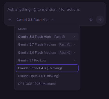 Antigravity model picker showing older Claude Sonnet 4.6 and Opus 4.6 options alongside Gemini variants