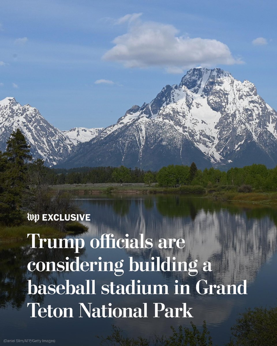 washingtonpost's tweet photo. Exclusive: MLB approached the Trump administration about hosting a game at a national park, officials said, and Grand Teton was scouted.

The Tetons are about “wildlife, opportunity for solitude, not for more amusement,” said the county commissioner. https://t.co/69m4qo8LJj https://t.co/iellOVxHgR