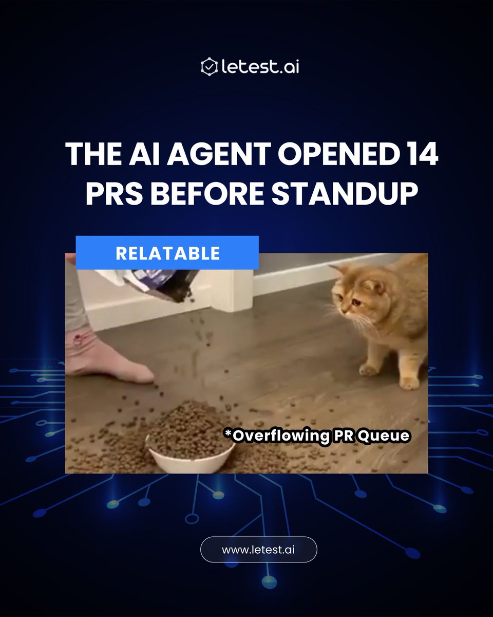 letest_ai's tweet photo. When the AI agent goes a little *too* hard on auto-healing tests before daily standup… 😅Now, who’s going to review this overflowing PR queue? 🐈‍⬛📦

#DevHumor #SoftwareTesting #AIAgents #AITesting #DevOps #QAEngineers #PullRequest #CodeReview #TechMemes https://t.co/7BiTkyAesn