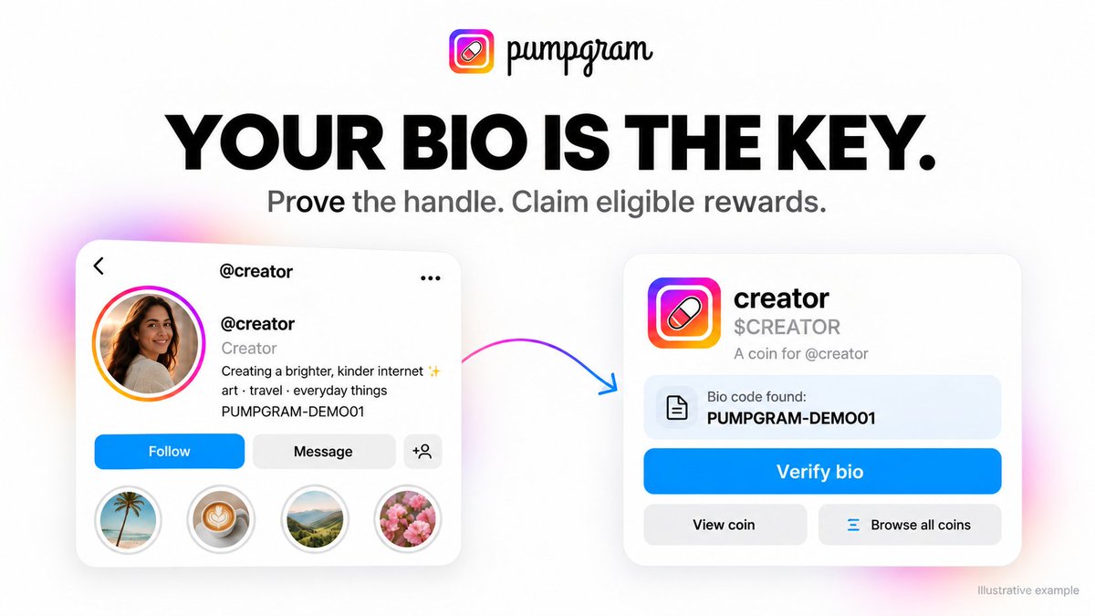 pumpgramsocial's tweet photo. Someone launched a coin for your account?

Put your one-time Pumpgram code in your Instagram bio, verify the handle, and claim any eligible rewards.

Your bio is the key🔑
https://t.co/HjouK2lVSw https://t.co/dUPDLrNBJt