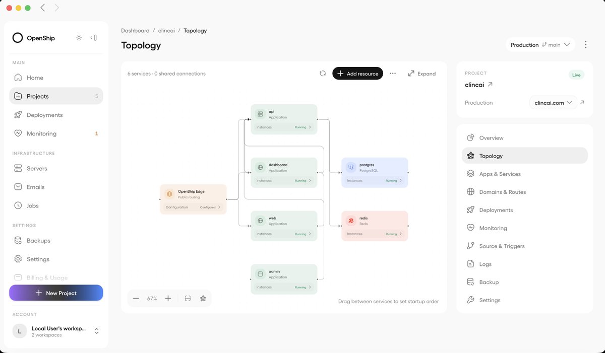openshipio's tweet photo. Your project architecture, now on an interactive canvas.

See how your services connect. 

Click a node to inspect it, restart it, or stop it - directly from the canvas.

Open your project → Topology.

Available in Openship 0.8.0 https://t.co/56siDO6k73