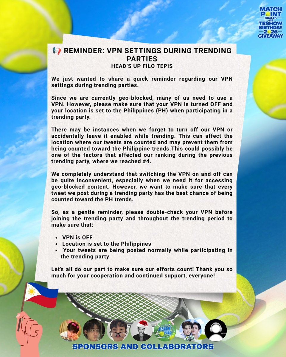 nnutlykyou's tweet photo. 🎉 MATCH POINT FINAL EP. & TESHOW BIRTHDAY GIVEAWAY — MECHANICS 🎉

Our goal is to help make the Match Point final episode trend stronger and more active while giving TeshowPing all our love and support as we celebrate the series finale together.

QUESTION SET SCHEDULE

9:30 PM — Rae @swensurf67 + Kyy @ttheewavs
→ 2 sets each
9:40 PM — Aleks @nnutlykyou + Kate @liiestluvr
→ 2 sets each

10:30 PM — Aleks @nnutlykyou + Kate @liiestluvr
→ 2 sets each
10:45 PM — Rae @swensurf67+ Kyy @ttheewavs
→ 2 sets each

10:50 PM — OFFICIAL GIVEAWAY POST
→ Aleks @nnutlykyou
⚠️ IMPORTANT: Complete ALL question sets before commenting “DONE” on the official giveaway post.

FINAL ENTRY
DONE + OFFICIAL KEYWORD & HASHTAG + YOUR MESSAGE FOR TESHOWPING

🔑 MATCH POINT LAST SERVE
#️⃣ #MatchPointSeriesFinalEP
Your message can be typed directly in the replies or sent as an image/screenshot from your Notes or any note-taking app.

REMINDERS

• Join the final episode trend party and complete all required question sets.
• Keep your VPN OFF and set your location to the Philippines.
• DO NOT comment “DONE” until you have finished everything.
• The sponsors and collaborators will check all entries to make sure all question sets were completed.

📌 DEADLINE: September 28, 2026 | 5:00 PM

🏆 WINNER ANNOUNCEMENT: September 29, 2026 | 7:00 PM

Even though the giveaway is open until September 28, we highly recommend joining the trend party TONIGHT so you won’t miss any question sets and we can all support TeshowPing together!
🚨 ANSWER ALL QUESTIONS FIRST → COMMENT “DONE” LAST! 🚨

Let’s make the Match Point final episode extra special for TeshowPing! Fighting, Tofus! ♡

P.S. WE NOW HAVE 100 WINNERS!!! 🥹🫶🏻

From the original 50 winners, we’re now giving 100 Tofus a chance to win! Thank you so much to all our sponsors and collaborators for making this possible. 💜
