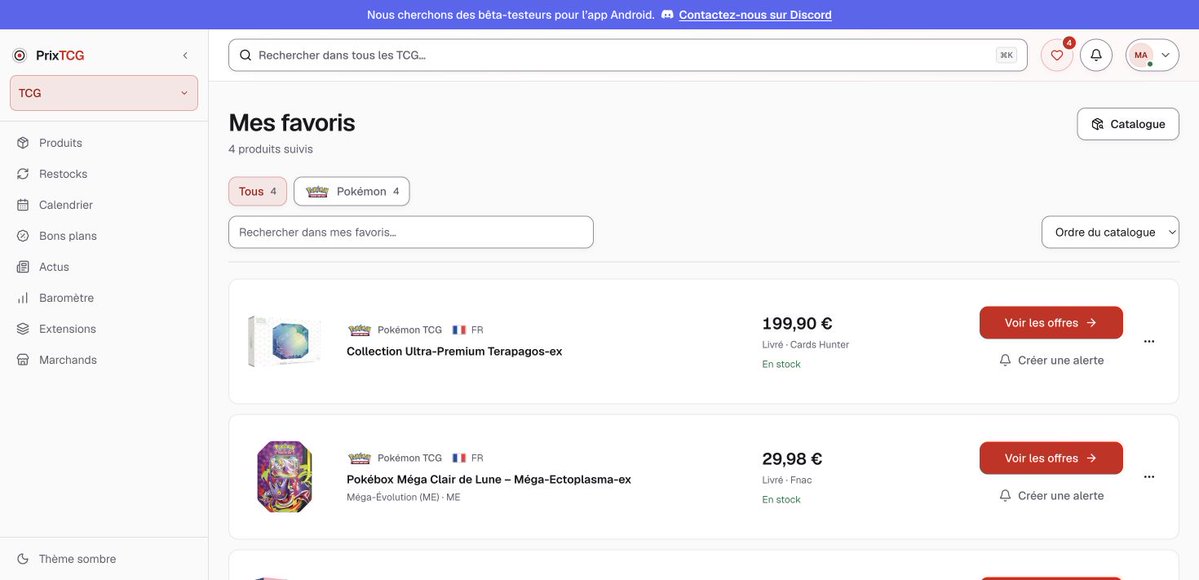 PrixTCG's tweet photo. Du nouveau sur PrixTCG ✨
👤 Un profil plus clair pour gérer ton compte
🔔 Des alertes stock et prix avec choix des marchands
❤️ Des favoris plus lisibles pour comparer les offres
À découvrir sur https://t.co/h2uyuvpEGf https://t.co/BULSrjDEIy