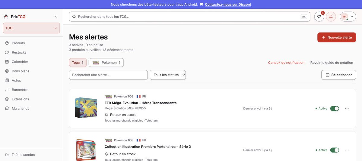 PrixTCG's tweet photo. Du nouveau sur PrixTCG ✨
👤 Un profil plus clair pour gérer ton compte
🔔 Des alertes stock et prix avec choix des marchands
❤️ Des favoris plus lisibles pour comparer les offres
À découvrir sur https://t.co/h2uyuvpEGf https://t.co/BULSrjDEIy