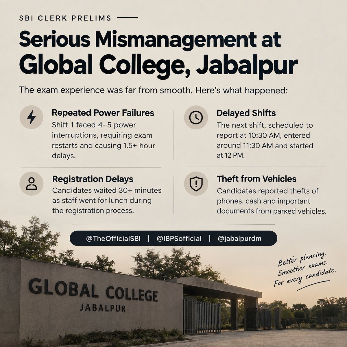 SuhaneSwarnim's tweet photo. SBI Clerk Prelims at Global College, Jabalpur faced power failures, major delays, registration issues and reported thefts from parked vehicles.Candidates faced significant inconvenience,including missed trains and buses. Authorities should investigate.@jabalpurdm @TheOfficialSBI https://t.co/5ClzW4GxJU