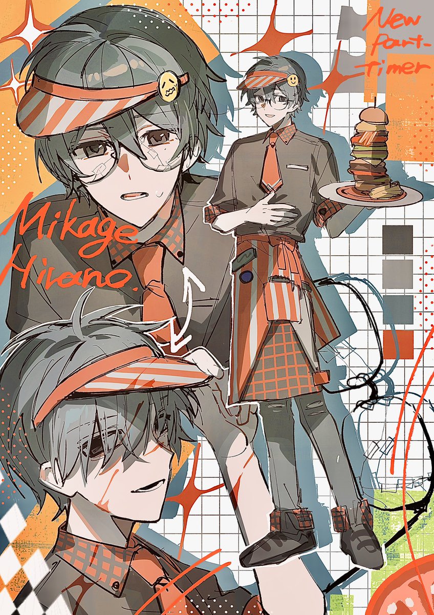 2du_ichizu's tweet photo. 殺し屋×ハンバーガーショップ店員　
アルバイト達　キャラデザ🍔 https://t.co/J4oa9UuXjw