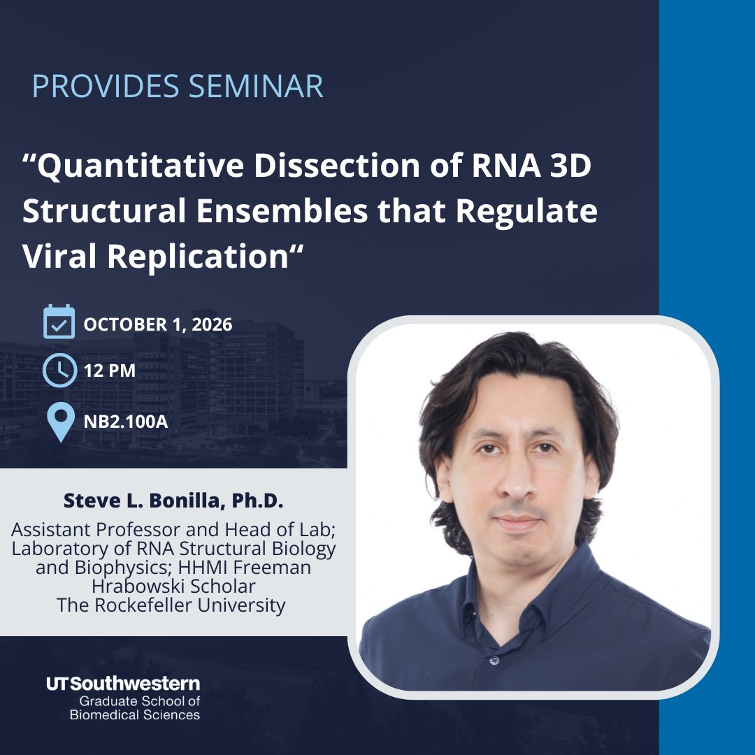 ADiaz_PhD's tweet photo. ‼️We’re delighted to welcome @Steve_Bonilla to the PROVIDES Seminar Series. Dr. Bonilla is an Assistant Professor and Head of the Laboratory of RNA Structural Biology and Biophysics at The Rockefeller University and a Freeman Hrabowski Scholar @hhmi_science. 

Details ⬇️ https://t.co/ehx41jyzQS