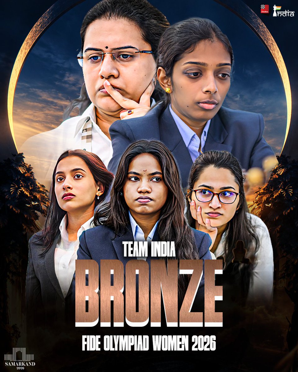 ChessbaseIndia's tweet photo. Team India 🇮🇳 secures Bronze  medal in Women Section of FIDE Olympiad Samarkand 2026 https://t.co/VimnzfXBLm