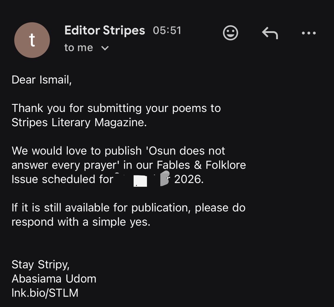 IsmailHass93183's tweet photo. I have a forthcoming piece in Stripes Literary Magazine. Excited and grateful to share it with you soon. https://t.co/vQ4127TAyg