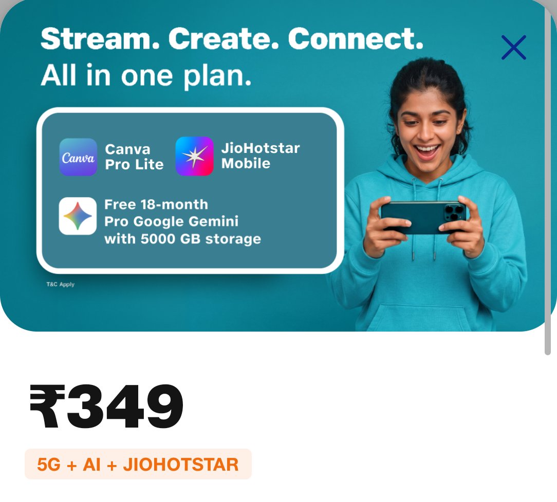 rajlo22's tweet photo. @navyabijoy @reliancejio Starting from 349, wow now they give Canva pro lite also. https://t.co/Bpmii4r5Ao