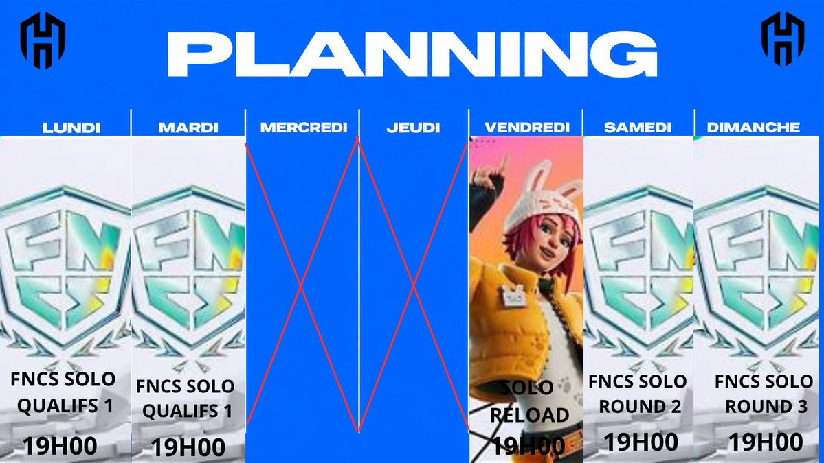 hadeonesport's tweet photo. 📷 PLANNING DE LA SEMAINE
Le FNCS Solo est lancé ! 📷
 📷 Lun &amp; Mar 19h — FNCS Solo Qualifs (points cumulés, top 8 000 pour passer) 
📷 Ven 19h — Solo Reload 
📷 Sam &amp; Dim 19h — FNCS Round 2 &amp; 3 (si qualifiés) https://t.co/NghGGnOzXo
