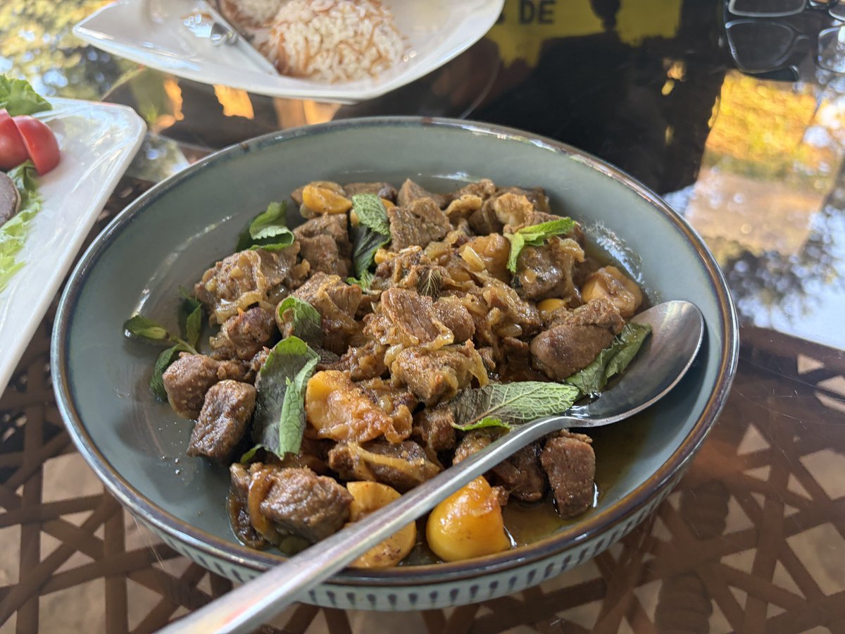 Kone38FRONT's tweet photo. アルマトイ空港近くのBBQ店でカザフ飯？を食らう
味付けがキルギスより複雑
そしてバーベキューコンロの近くだというのにうまそうな鶏がたくさん闊歩している https://t.co/RGeK2dX2RT