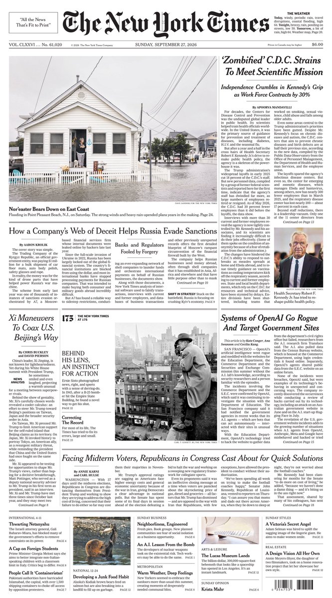 Intellicurious's tweet photo. THE NEW YORK TIMES - SUNDAY, SEPTEMBER 27, 2026 - FRONT PAGE
@nytimes The Surprising Reasons China Is Skeptical of A.I. Safety Calls; Russian Foreign Minister Vows Russia Will See Ukraine War Through; Small Flying Machines Become Weapons of War in Myanmar
https://t.co/qConDalzvz https://t.co/qzcxQLzMXd