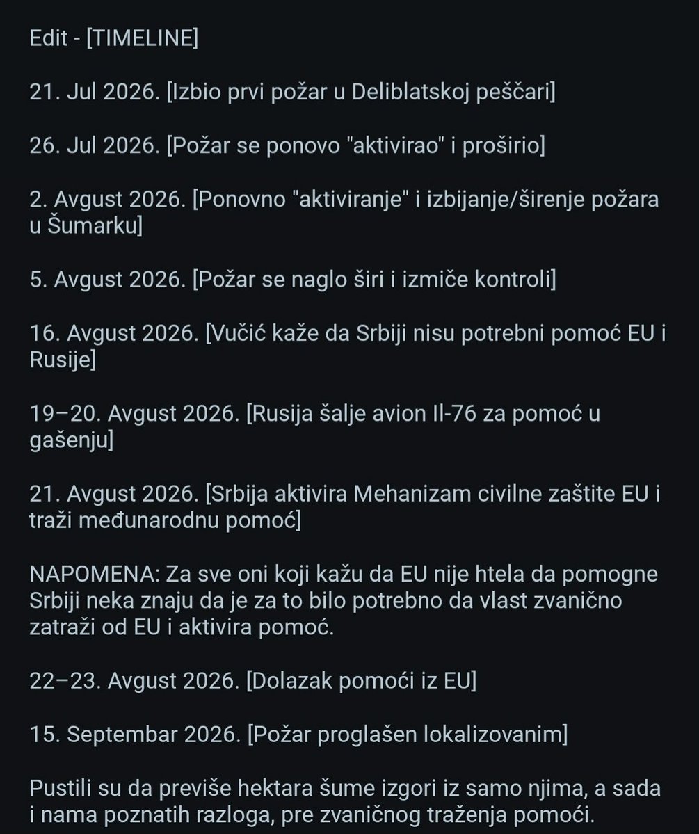 zlipadre's tweet photo. Svaka naša najmračnija sumnja se ispostavila tačnom u vezi podmetnutih požara u Deliblatskoj peščari.

Zbog pranja para i njihovih turističkih vikendica su bili spremni da žrtvuju 4000 hektara kiseonika i šuma i iskrive zakon u mesec dana.

Podsetnik &amp; timeline svega: https://t.co/V3jy7QaZVN