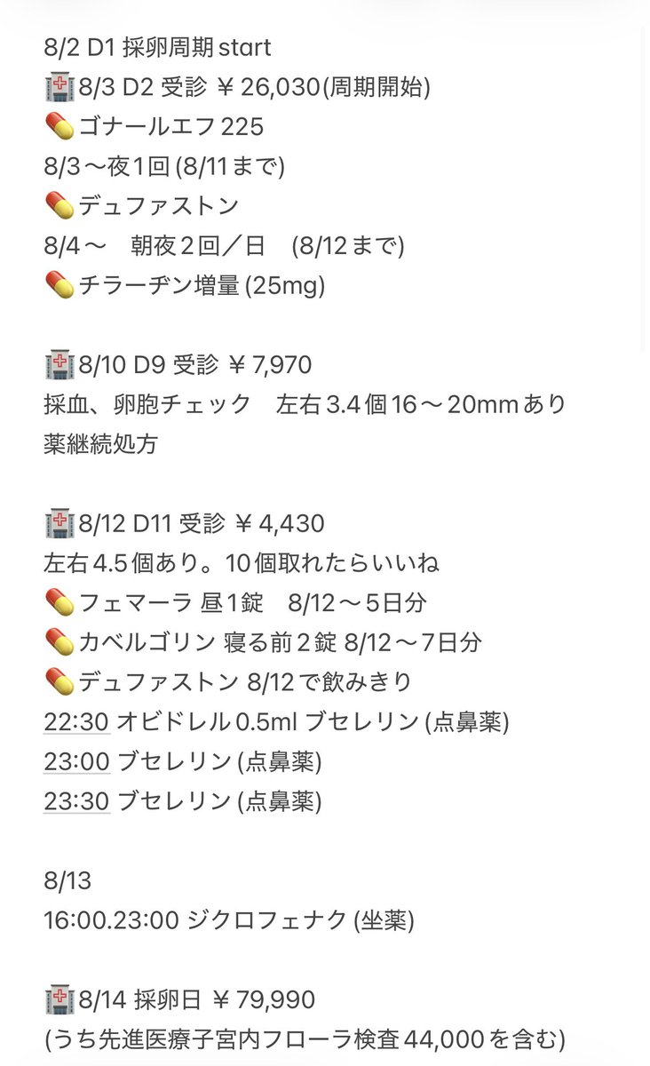 futa10ri29's tweet photo. 8/2からの採卵周期〜移植周期の通院記録✍️
全て窓口での支払い金額で記載
結果的には付加給付があり毎月25,000円の支払いのみ、採卵や移植、子宮フローラ検査は医療保険で返ってくる予定
金額的な不安は大きかったけど結果的には薬の副作用の体調面と通院の負担が大きかったな〜 https://t.co/2qwwPGDZh4