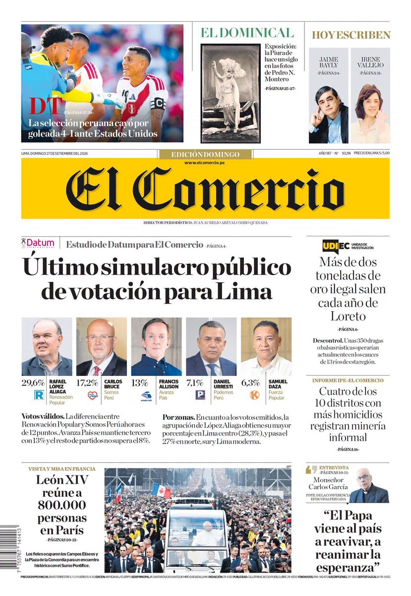 elcomercio_peru's tweet photo. Buenos días 🗞. Hoy en PORTADA de El Comercio: Último simulacro público de votación para Lima.

Lee esto y mucho más en nuestra versión impresa, aquí ► https://t.co/bUwjf5tN6p https://t.co/SU78EqDDSM