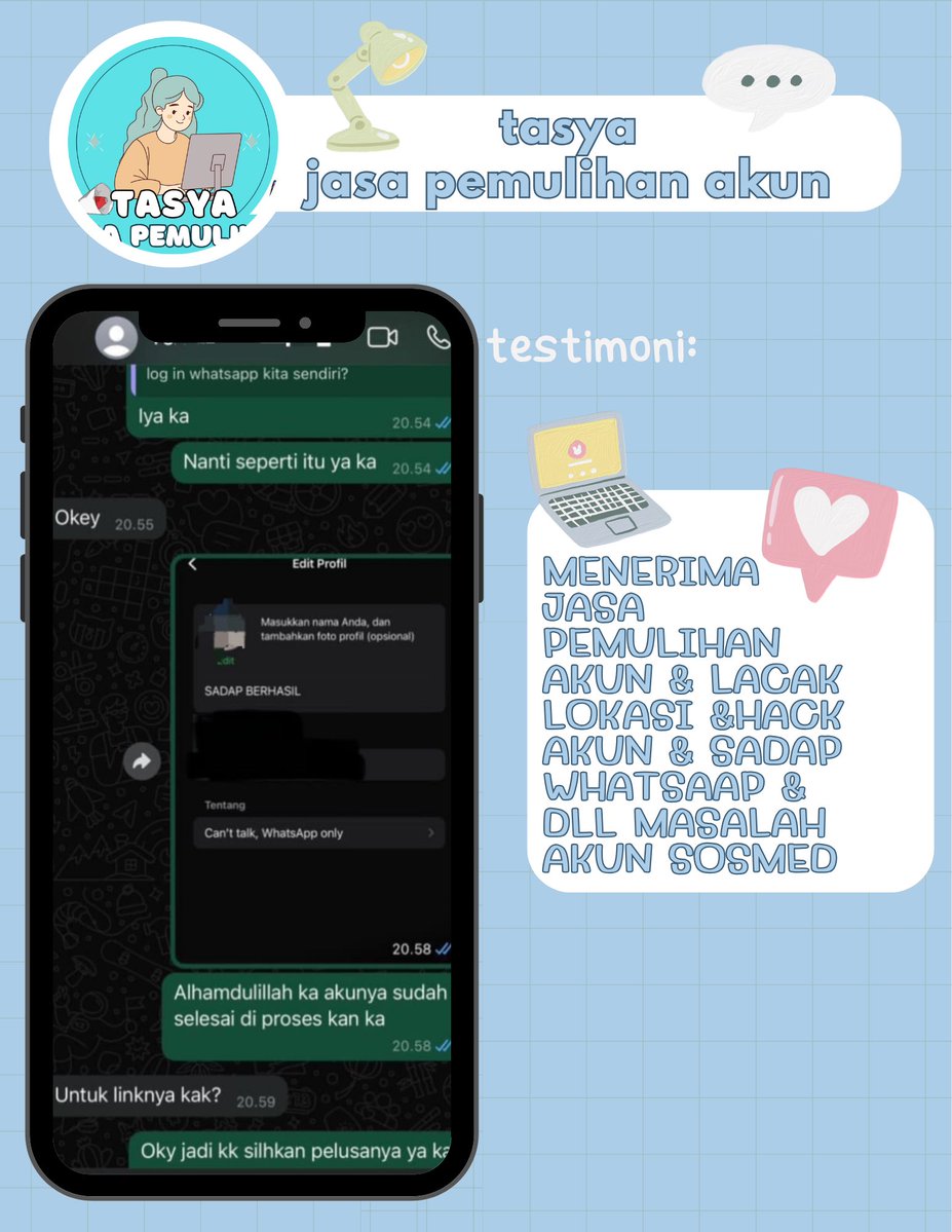 bernjmyur's tweet photo. OPEN JASA PEMULIHAN &amp; HAPUS AKUN SOSMED🔔

Melayani‼️

🌸Pulihkan &amp; Pulihin/Balikin Akun
🌸Hapus/Nonaktifkan Akun
🌸Hack Akun
🌸Sadap Wa/All Sosmed
🌸Reset Hp
🌸Lacak Lokasi

(Instagram,Tiktok,Gmail/Email,Facebook,Telegram,Twitter/X,Dll)
Konsultasi? WhatsApp di bio!
#zonauangㅤ https://t.co/1mFA7DdOUm