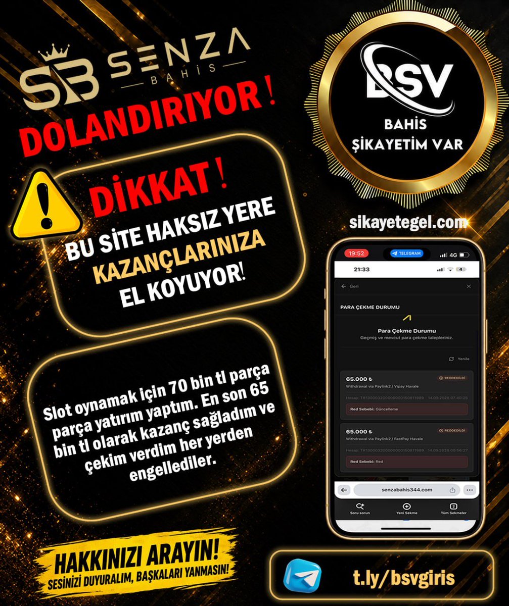 SikayetBSV's tweet photo. ⛔️SENZABAHİS DOLANDIRIYOR!
❌Altyapı ve lisansı tamamen sahte olan firma WhatSapp üzerinden üyeleri dolandırmaktadır!
✍️Kanıtlı şikayetini paylaş;
https://t.co/0GLyonUk78
#casinoşikayet #bahisşikayet #dolandırıcısiteler #casibom #vaycasino #betwinner #betparagon #zlot https://t.co/dfXDeK2Qyg