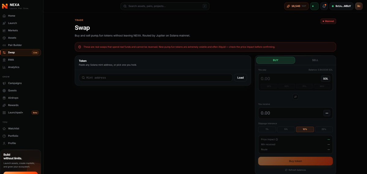 Usenexapad's tweet photo. Swap is live on NEXA.

Buy and sell https://t.co/3u346FH4JJ tokens in the same app you launch them from. No second tab, no copy-pasting CAs between sites.

→ Paste any mint and get a live quote as you type.
→ See what you'll actually get: amount out, minimum received after slippage, price impact, and the route it takes.
→ Routed through Jupiter. On the bonding curve before graduation, through the PumpSwap pool after. Same screen for a token's whole life.
→ Buys leave a little SOL behind for fees, so a max buy never strands your wallet.
→ Built unsigned, approved in your own wallet. NEXA never touches your keys.

Launch it, then trade it, in one place.

https://t.co/rX5oNUuRQA