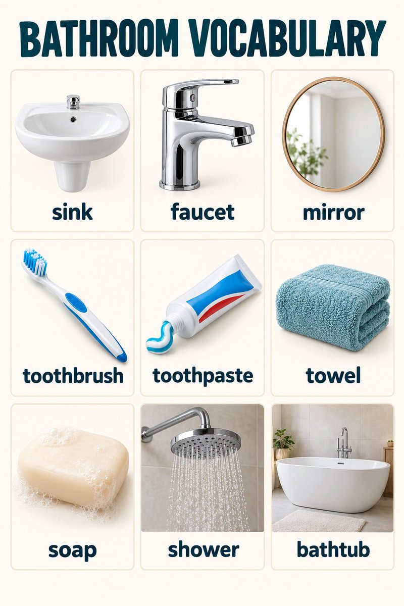 EnglishSpeechTV's tweet photo. Bathroom vocabulary: 9 everyday words to learn—sink, faucet, mirror, toothbrush, toothpaste, towel, soap, shower, and bathtub. Which word is new to you? #EnglishVocabulary #LearnEnglish https://t.co/xzOzeHGDt2