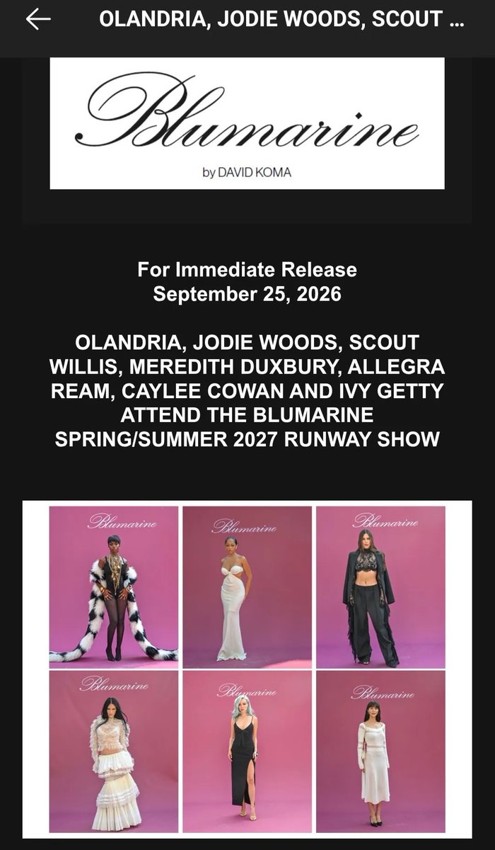 MoneybagMogul's tweet photo. Our girl doesn’t just show up to fill a seat. She becomes part of the show and extends the Brand visuals beyond the runway. Blumarine sent out their Press Release and Olandria has top billing. 

OLANDRIA STUNS FOR BLUMARINE #OlandriaxBlumarineSS27  #BlumarineSS27 #Olandria https://t.co/lXwrSsMJUr