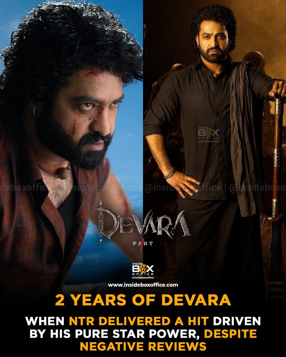 InsideBoxOffice's tweet photo. #2YearsOfDevara
#JrNTR made his comeback on the big screen more than 2 years after RRR with Koratala Siva's #Devara, a Telugu film that received negative reviews yet became a box office hit thanks to the superstar's pure star power.
Devara had grossed over Rs 400 crore at the worldwide box office. It was not just received well by Jr. NTR's fans but also the masses across North India as its Hindi version grossed over Rs 70 crore.
After this success, Jr. NTR's Devara 2 stands as one of the most awaited upcoming Tollywood movies.