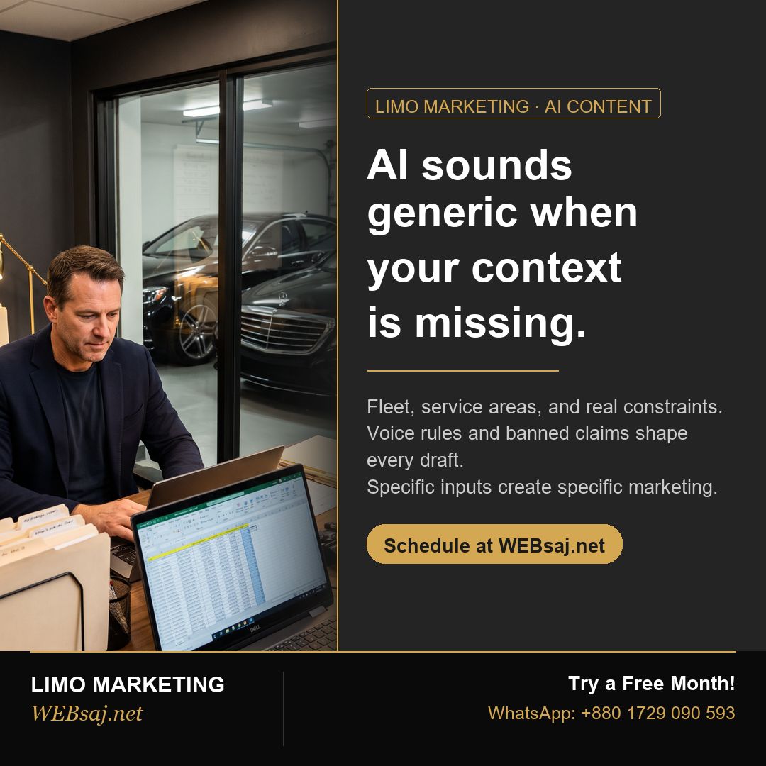 HelloSumonZaman's tweet photo. Generic AI content is usually a context problem. A limo-company brief should include real fleet details, service areas, customer concerns, dispatch limits, banned claims, and voice rules. Then a human checks every claim before publishing. https://t.co/Peg2YqgFMM https://t.co/b6uNBPEeTb