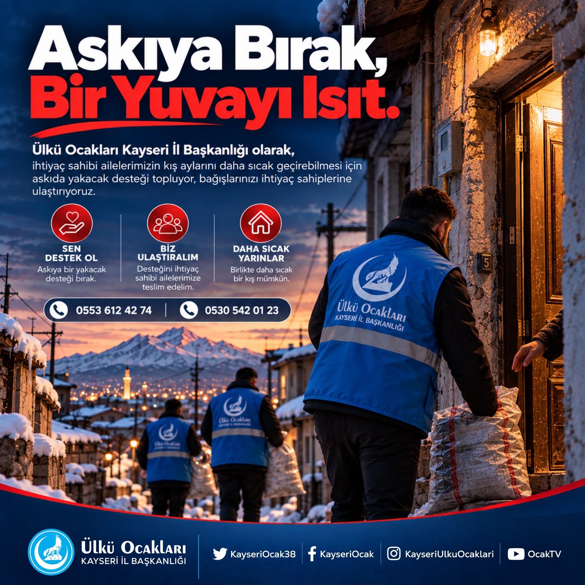 halityagmur's tweet photo. 🔥 ASKIYA BIRAK, BİR YUVAYI ISIT! 🔥

Kışın ayazında hiçbir ocağın sönmemesi, hiçbir çocuğun üşümemesi için dayanışmaya davet ediyoruz.

Ülkü Ocakları Kayseri İl Başkanlığı olarak başlattığımız Askıda Yakacak Desteği Kampanyası ile ihtiyaç sahibi ailelerimize ulaşıyor, hayırseverlerimizin emanetlerini sıcak yuvalara taşıyoruz.

Bir destek, bir ailenin kışını değiştirir.
Bir katkı, bir yuvayı ısıtır.

Sen destek ol, biz ulaştıralım.
Askıya bırak, bir yuvayı ısıt. 🇹🇷🔥🏠

@ayyildirim1 @Ulku_Ocaklari
